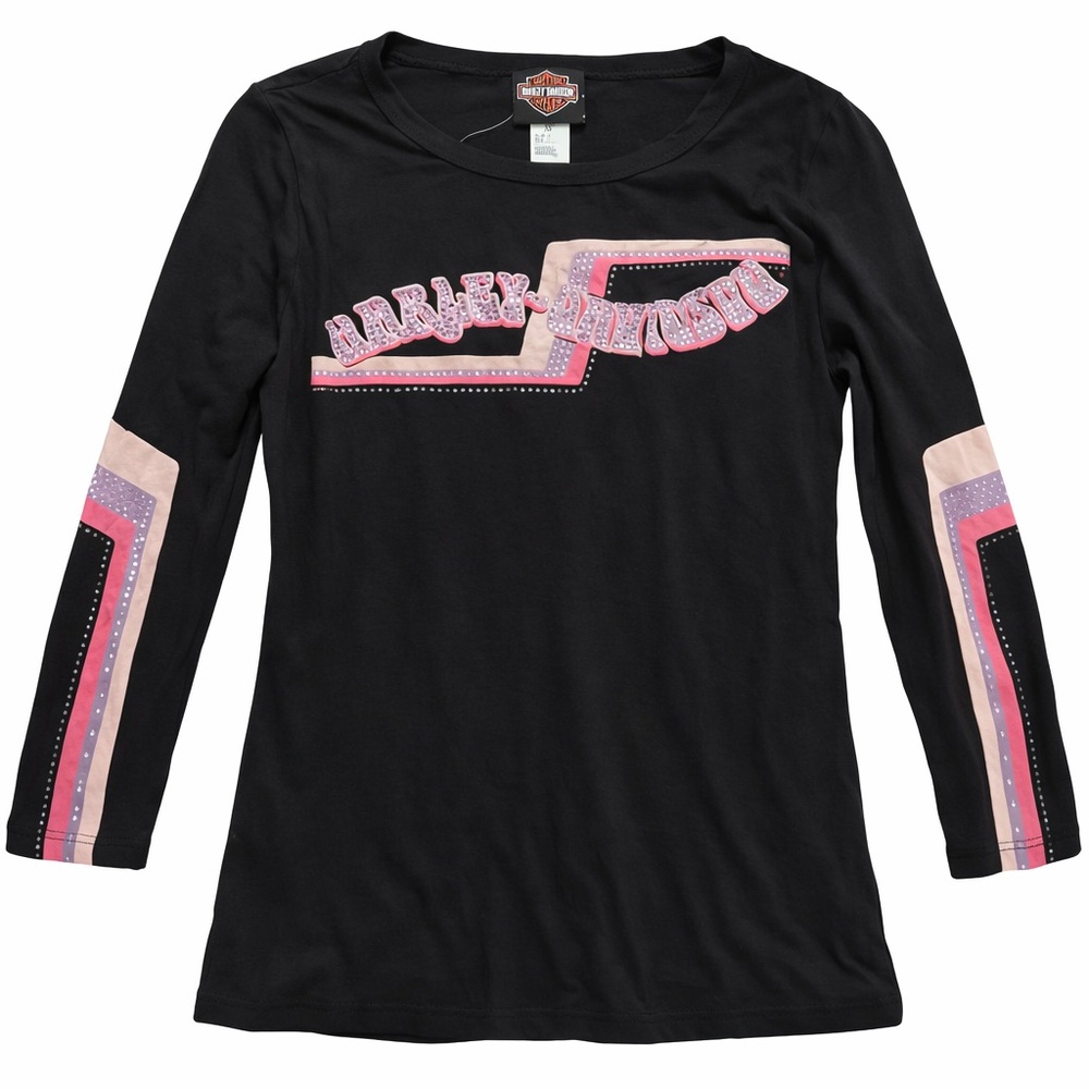 Harley-Davidson Long Sleeve Crew Neck Top Rhinestone Logo Black Medium NWT